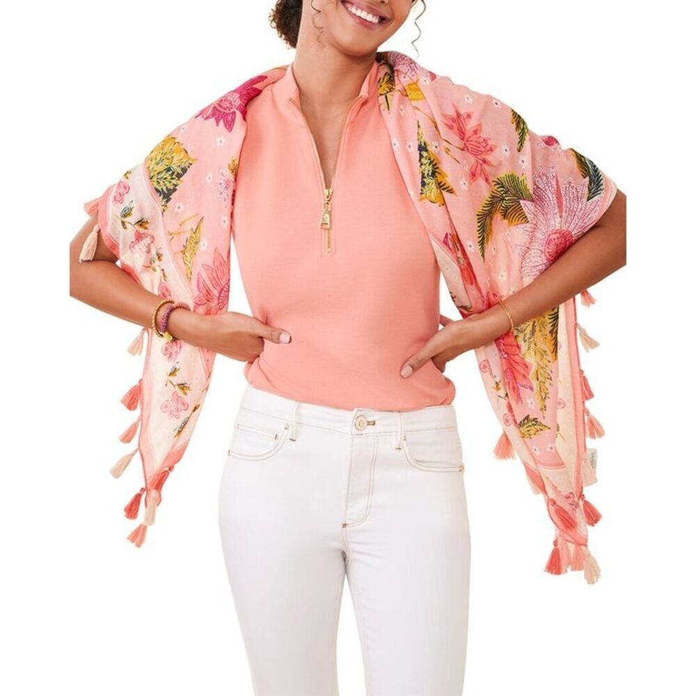 Spartina 449 55% Linen Peach Pink Floral Tassel Large Square Scarf Wrap Shawl